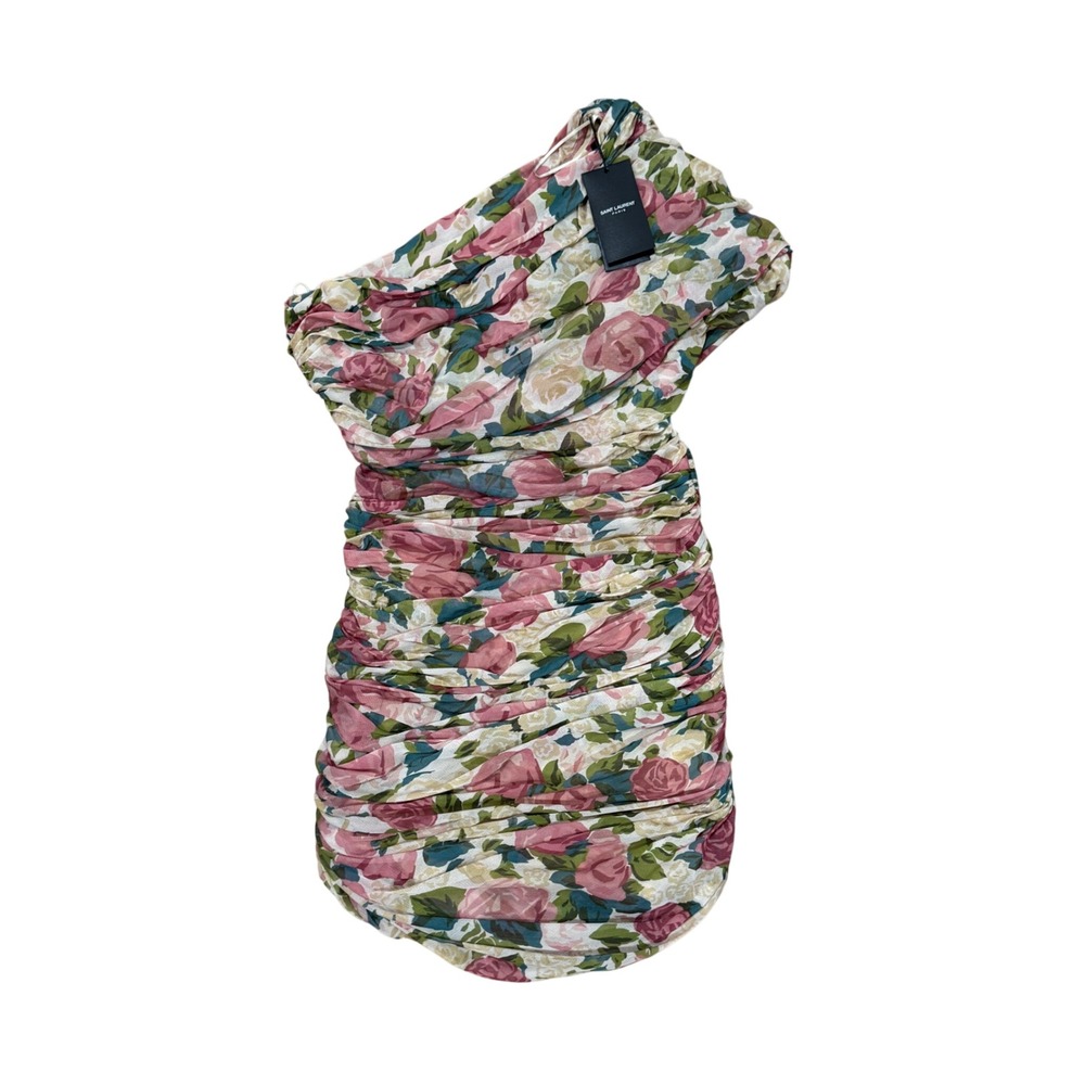 Saint Laurentβ Floral Print Tulle Ruched One Shoulder Mini Dress Sz 42 US 10 NWT